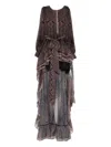 Miau By Clara Rotescu Paisley-print Ruffle-hem Asymmetric Dress In Brown