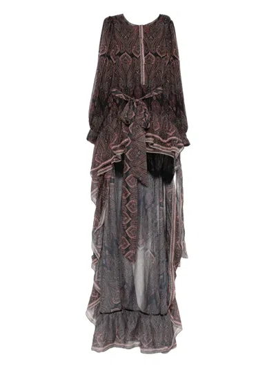 Miau By Clara Rotescu Paisley-print Ruffle-hem Asymmetric Dress In Brown