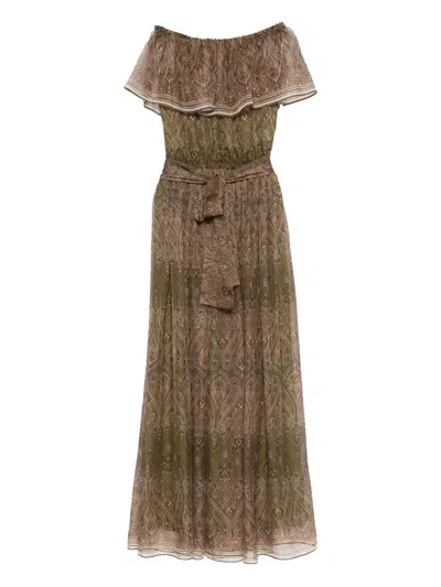 Miau By Clara Rotescu Paisley-print Ruffled Maxi Dress In Green