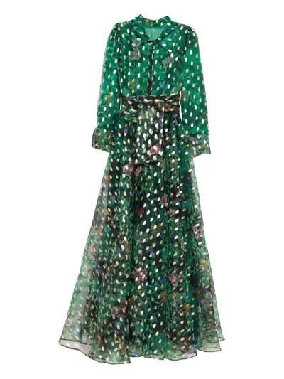 Miau By Clara Rotescu Printed Long-sleeve Maxi Dress In Green