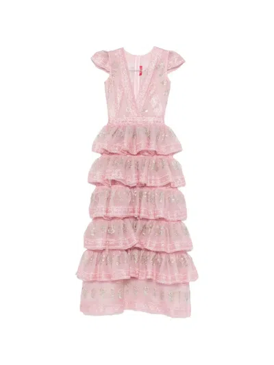 Miau By Clara Rotescu Ruffled Embroidered Maxi Dress In Pink