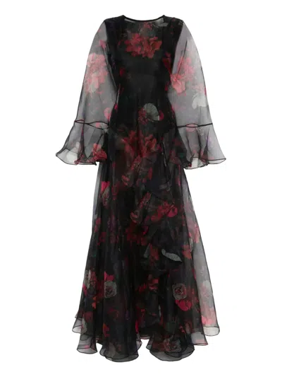 Miau By Clara Rotescu Ruffled Floral Maxi Dress In Black