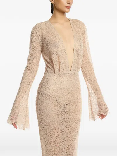 Miau By Clara Rotescu Saigon Crystal-embellished Open-knit Dress In Neutral