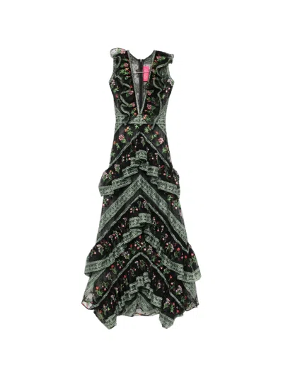 Miau By Clara Rotescu Verona Ruffled Floral Maxi Dress In Black