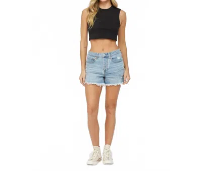 Mica Denim Distressed Fray Hem Shorts In Denim In Multi