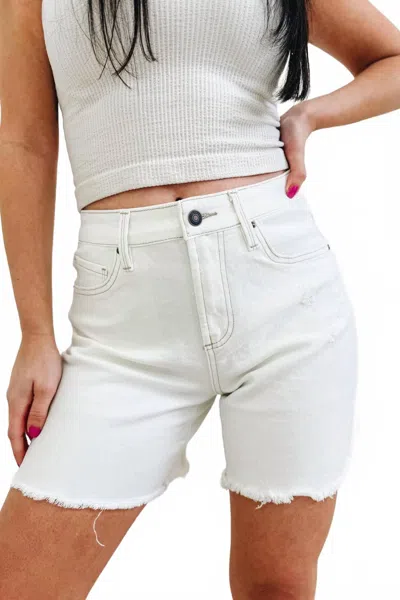 Mica Denim High Rise Distressed Frayed Hem Shorts In Misty White In Multi