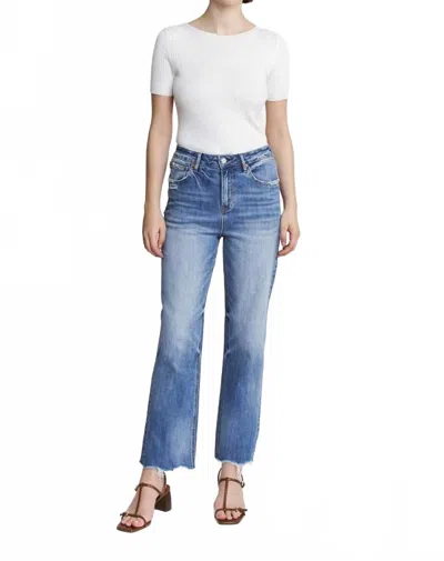 Mica Denim High Rise Raw Hem Loose Fit Straight Leg Jeans In Meduim Wash In Blue