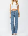 Mica Denim High Rise Wide Leg Jeans With Pearl Embellishment In Medium Wash In Multi