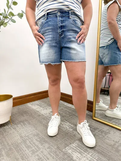 Mica Denim Super High Rise Frayed Hem Denim Shorts In Blue
