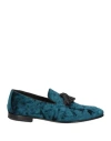 Mich Simon Man Loafers Turquoise Size 12 Leather, Textile Fibers In Blue