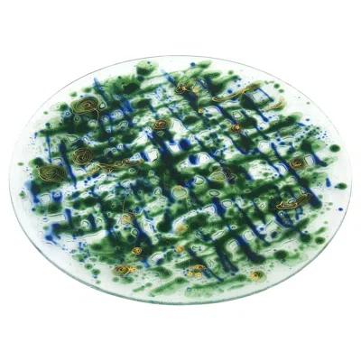 Pre-owned Michael And Frances Higgins Mid Century Modern Signed Higgins Fused Abstract Glass Platter Blue, Green, Gold In Gray