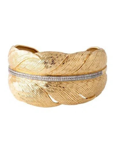 Pre-owned Michael Aram 18k Diamond Feather Cuff, 6" In Multicolor