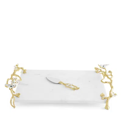 Michael Aram Lovebirds Silver & Gold Cheeseboard With Knife In White