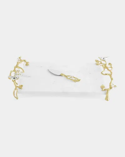 Michael Aram Lovebirds Silver & Gold Chesseboard With Knife In White