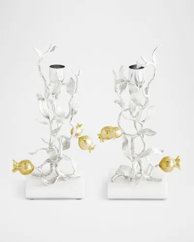 Michael Aram Pomegranate Silver & Gold Candleholders With 24k Goldplate, Set Of 2 In Silver And Gold