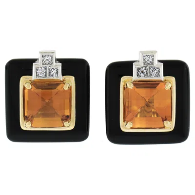 Pre-owned Michael Bondanza 18k Gold & Platinum Citrine Black Onyx & Diamond Stud Earrings
