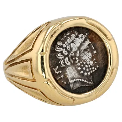 Pre-owned Michael Bondanza 18k Yellow Gold Greek Coin Bolskan, Iberia Ring By