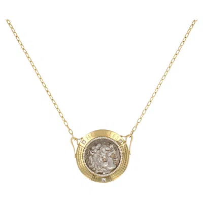 Pre-owned Michael Bondanza 18k Yellow Gold Herakles Greek Coin & Diamond Necklace