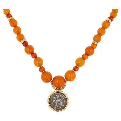 Pre-owned Michael Bondanza 18k Yellow Gold Vintage Amber Bead & Phoenician Greek Coin