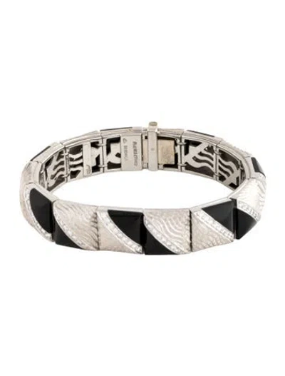 Pre-owned Michael Bondanza Platinum Onyx & Diamond Link Bracelet, 6.5" In Multicolor
