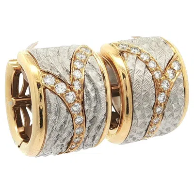 Pre-owned Michael Bondanza Venti 18k Gold & Platinum Diamond Hand Etched Clip On Earrings In Multi