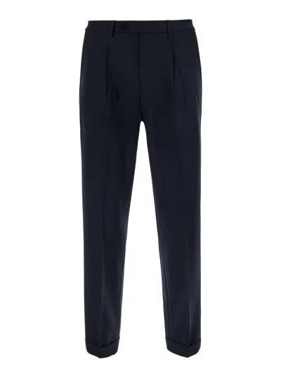 Michael Coal Double Pleated Tech Fabric Wool Trousers In Blue