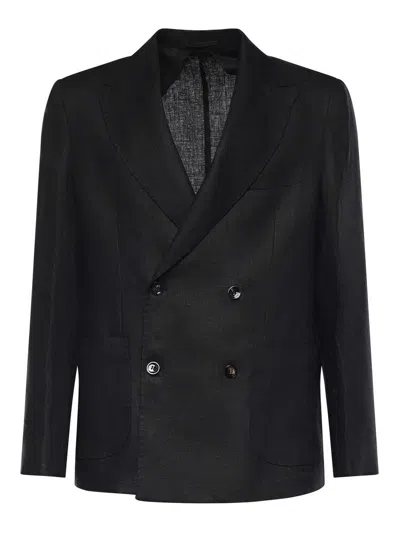 Michael Coal Double-breasted Linen Blazer In Black