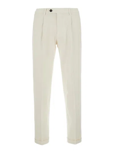 Michael Coal Men's Stretch Cotton Trousers With Logo Patch, Cuffed Hem & Pleated Front In White