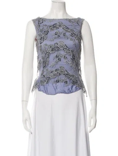 Pre-owned Michael Costello Floral Print Bateau Neckline Top In Blue
