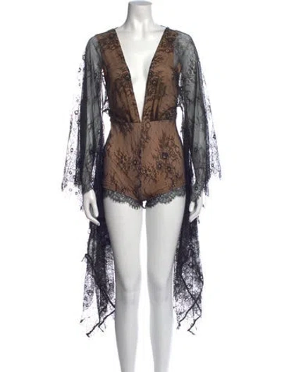 Pre-owned Michael Costello Lace Pattern Plunge Neckline Bodysuit In Black