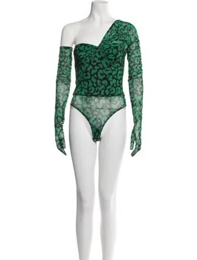 Pre-owned Michael Costello X Revolve Animal Print One-shoulder Bodysuit In Green