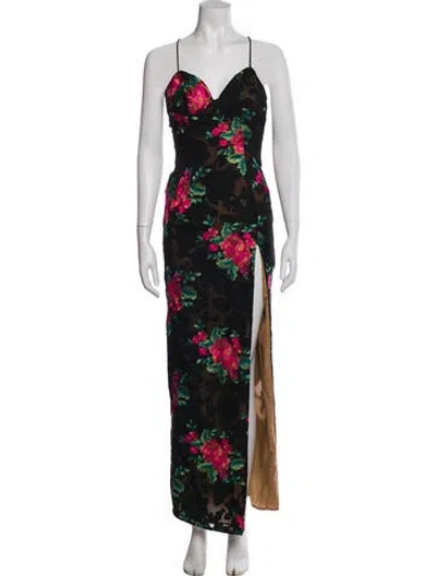 Pre-owned Michael Costello X Revolve Floral Print Long Dress In Black