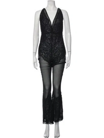 Pre-owned Michael Costello X Revolve Lace Pattern Plunge Neckline Jumpsuit In Black