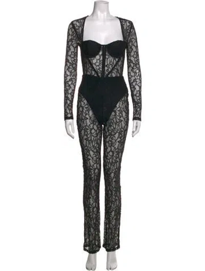 Pre-owned Michael Costello X Revolve Lace Pattern Square Neckline Jumpsuit In Black