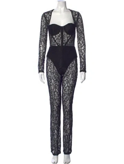 Pre-owned Michael Costello X Revolve Lace Pattern Square Neckline Jumpsuit In Blue