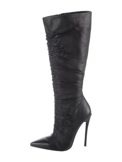 Pre-owned Michael Costello X Revolve Leather Ruffle Embellishment Boots In Black
