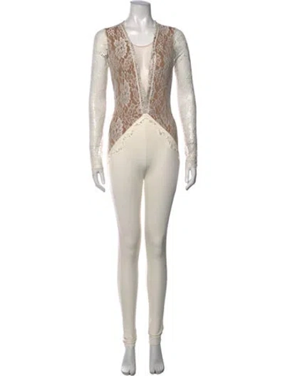 Pre-owned Michael Costello X Revolve Nylon Lace Pattern Jumpsuit In Neutrals