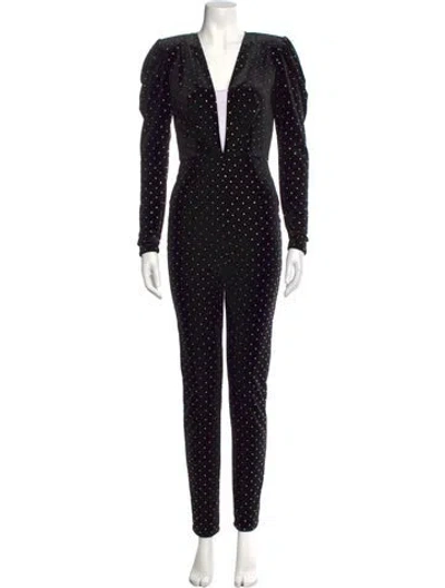 Pre-owned Michael Costello X Revolve Polka Dot Print Plunge Neckline Jumpsuit In Black