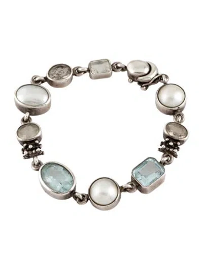 Pre-owned Michael Dawkins Mother Of Pearl, Blue Stone & Clear Stone Bracelet, 6.5"