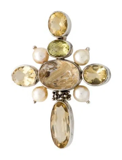 Pre-owned Michael Dawkins Pearl, & Multistone Cross Brooch