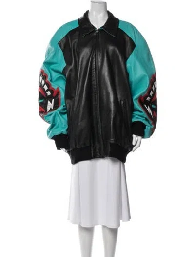 Pre-owned Michael Hoban North Beach Leather Graphic Print Bomber Jacket In Green