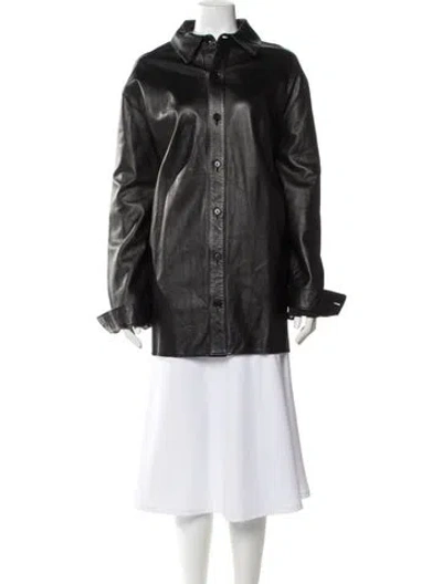 Pre-owned Michael Hoban North Beach Leather Mock Neck Button-up Top In Gray