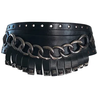 Pre-owned Michael Kors 2000s  Collection Black Gunmetal Chain Link Wide Leather Belt In Gray