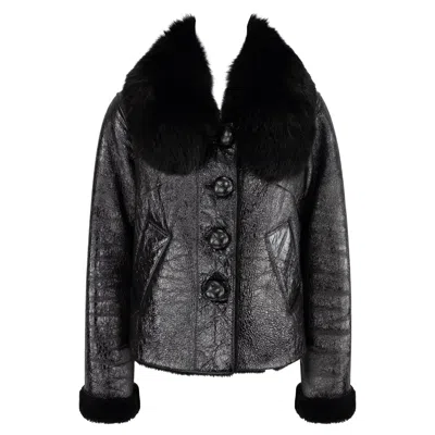 Pre-owned Michael Kors 2000s  Collection Black Patent Leather Shearling Fur Cropped Jacket