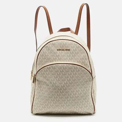 Pre-owned Michael Kors Abbey Large White Signature Coated Canvas Backpack
