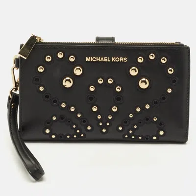 Pre-owned Michael Kors Adele Studded Black Leather Phone Wristlet Wallet