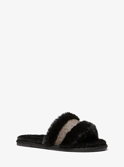 Michael Kors Alexis Faux Fur And Metallic Signature Logo Slide Sandal In Brown