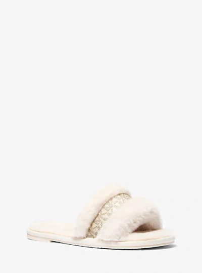 Michael Kors Alexis Faux Fur And Metallic Signature Logo Slide Sandal In Natural