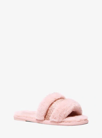 Michael Kors Alexis Faux Fur And Metallic Signature Logo Slide Sandal In Pink