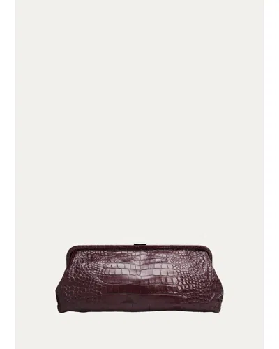 Michael Kors Angelica Large Croc-embossed Leather Frame Clutch In Burgundy